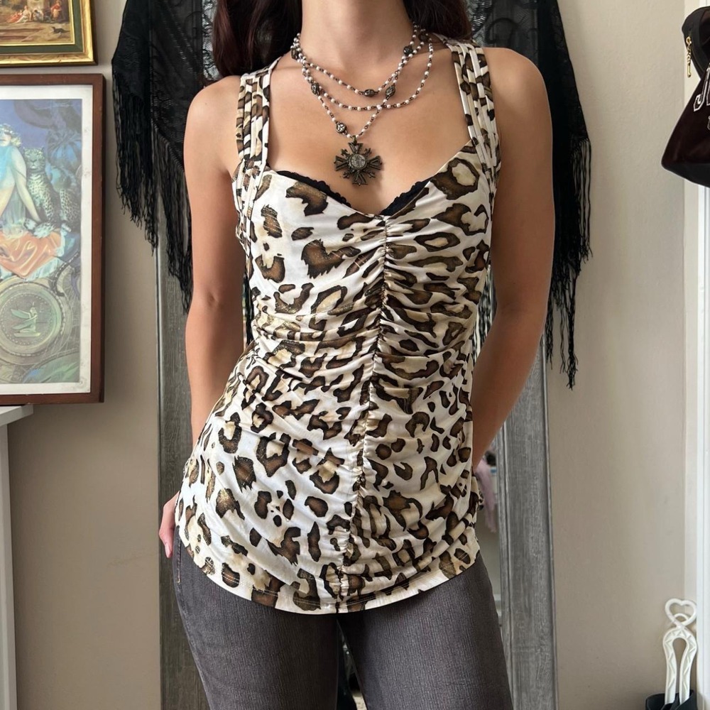 Cache Womens Leopard Print Shimmery Strappy Ruched Tank Top Built-in Bra Medium